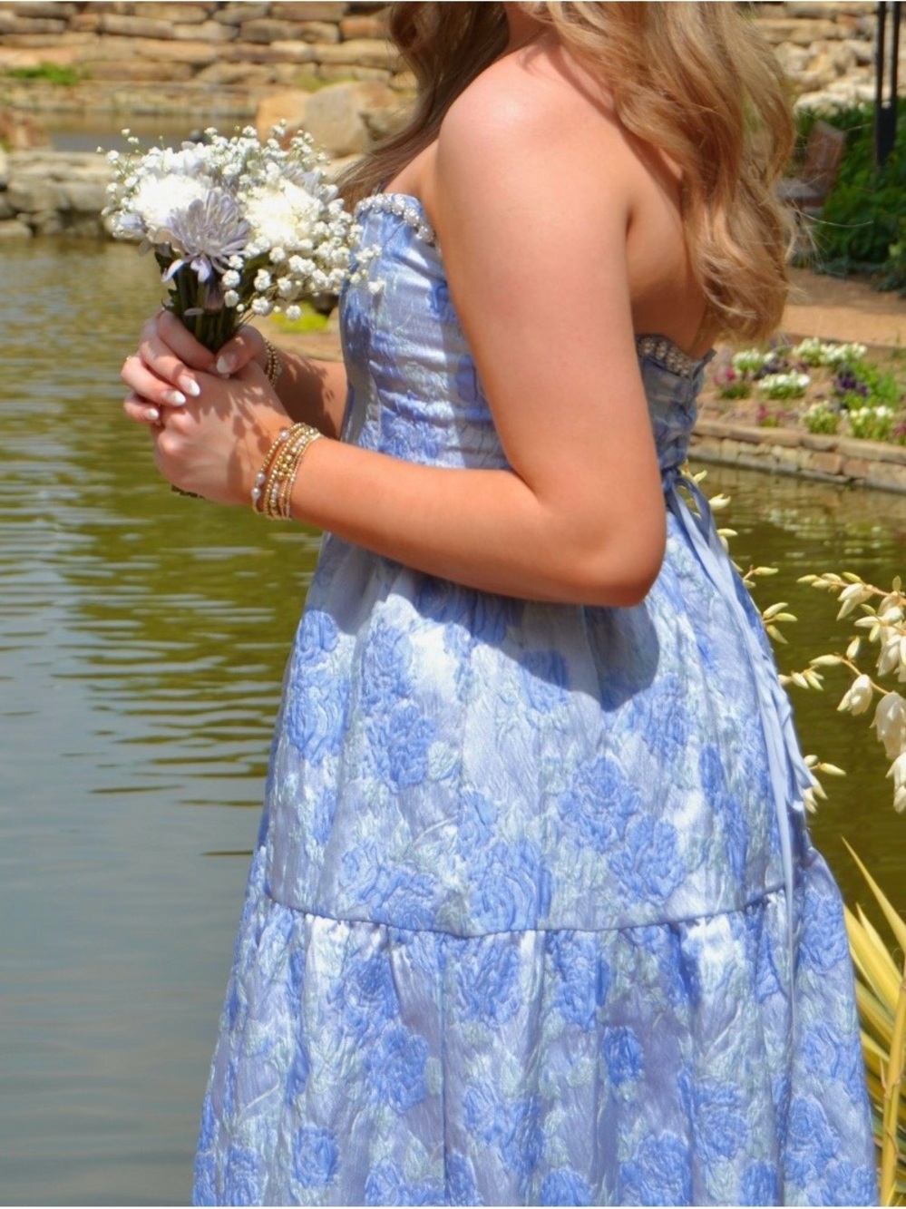 Altar'd State Light Blue Floral Strapless Jacquard Midi Dress